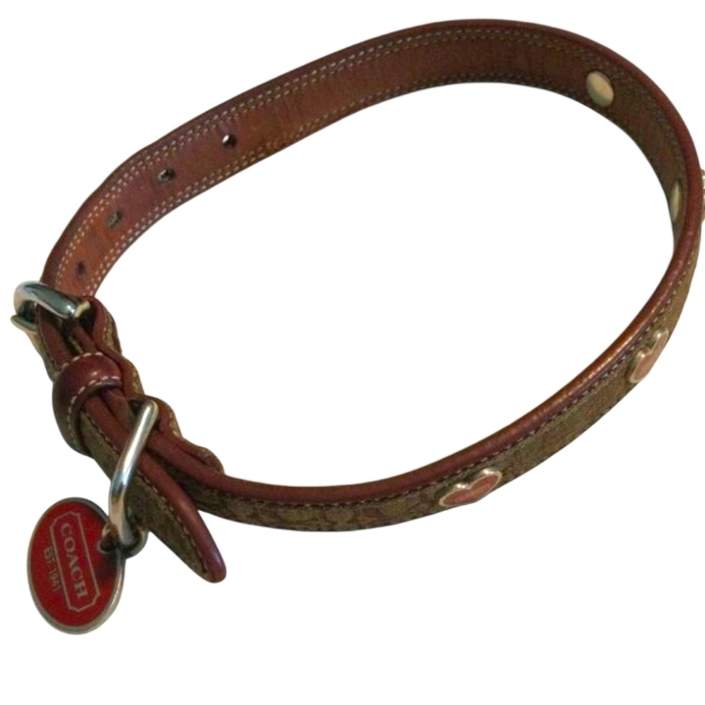 COACH Dog Collar Signature Fabric Brown Red Leather Enamel Hearts RARE Size M